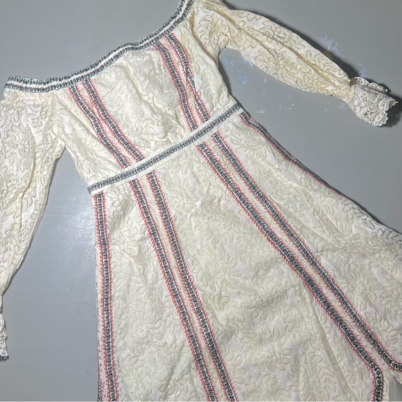 Coquette Cream Lace Romantic Dainty Mini Boho Embroidered Off Shoulder Dress S - Picture 2 of 8